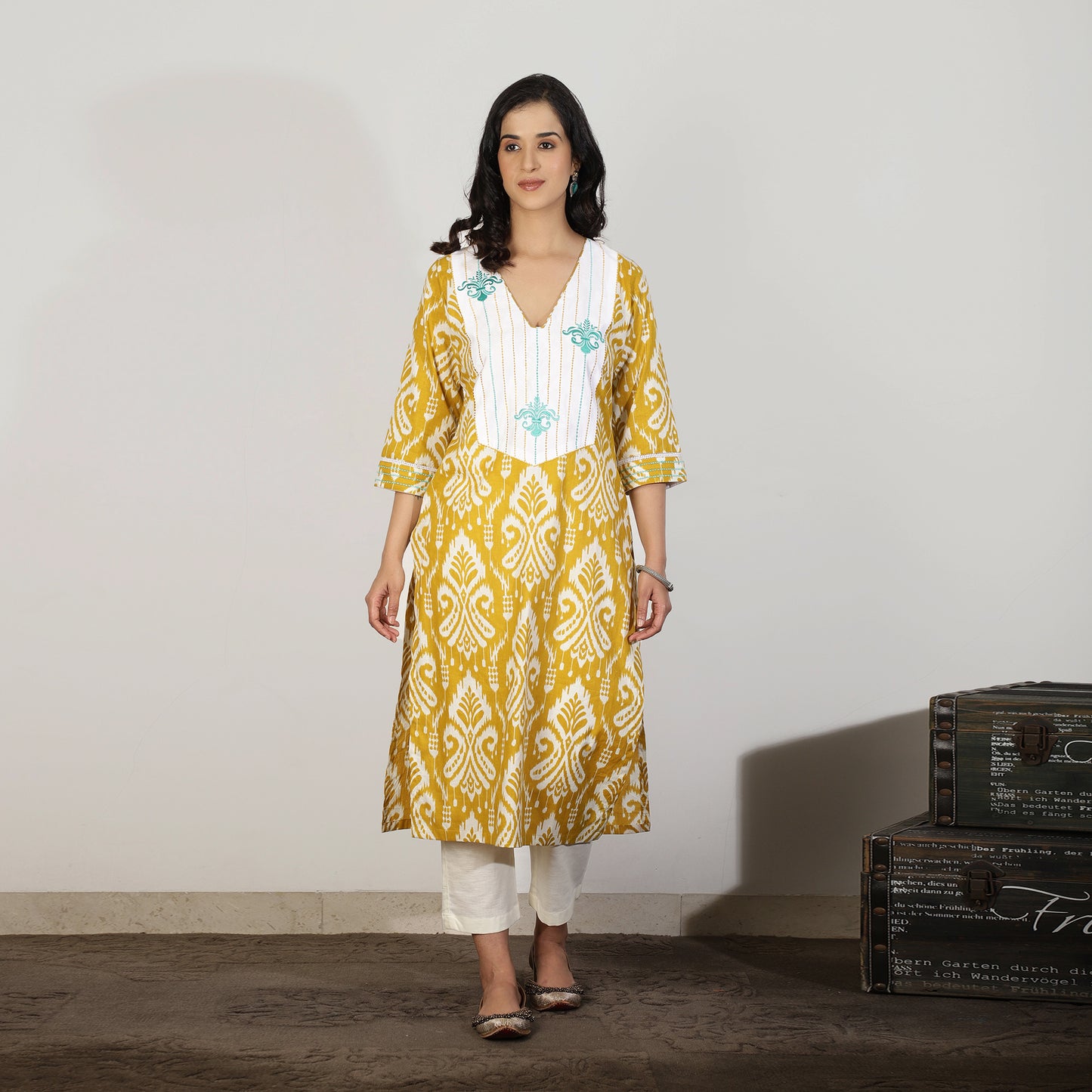 Yellow ikat kurta with embroidered yoke - Spring Soul
