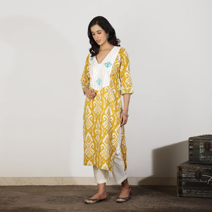 Yellow Ikat Kurta with Embroidered Yoke