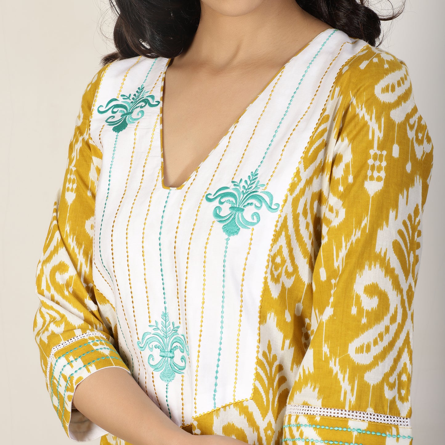 Yellow Ikat Kurta with Embroidered Yoke