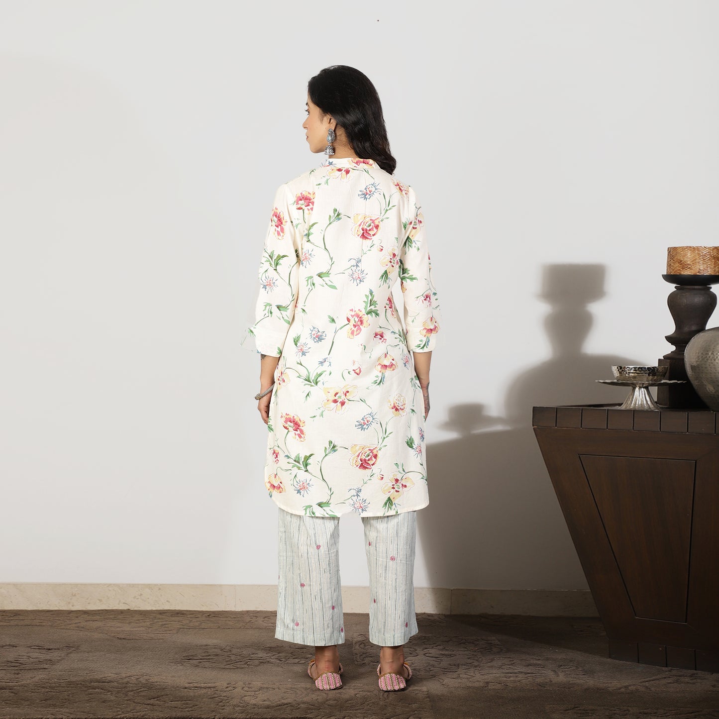 Cream Cotton Kurta set with Striped Pants and Sequin Highlights