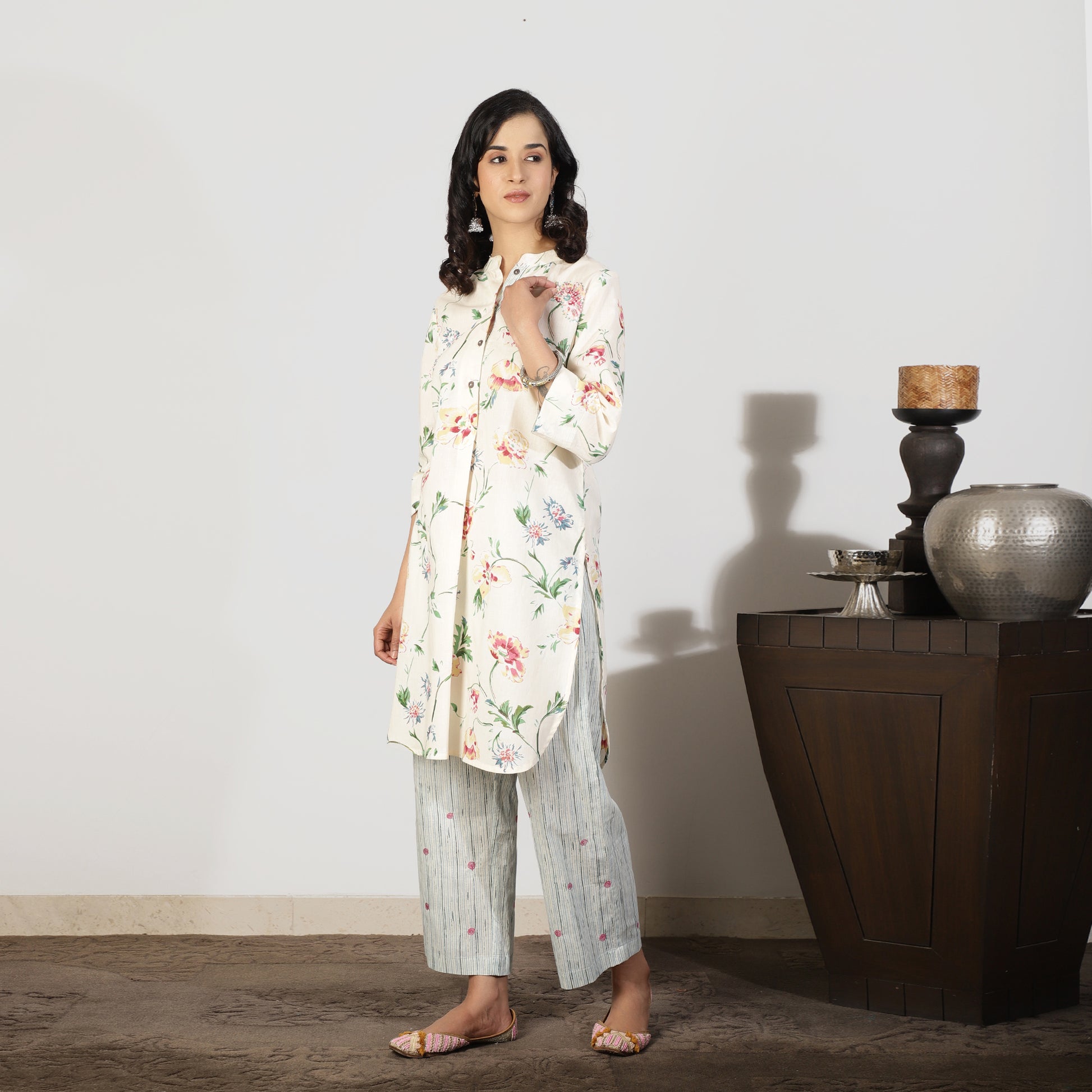 Cream kurta set with striped pants and sequin highlights - Spring Soul