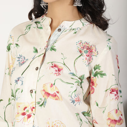Cream Cotton Kurta set with Striped Pants and Sequin Highlights