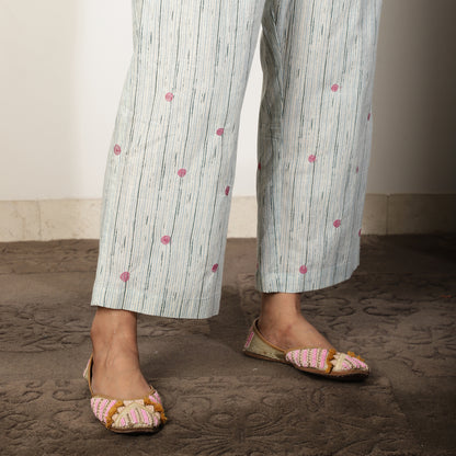 Cream Cotton Kurta set with Striped Pants and Sequin Highlights