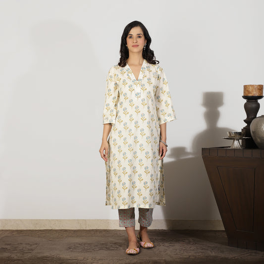 Cream Cotton Kurta set with Sequin Details