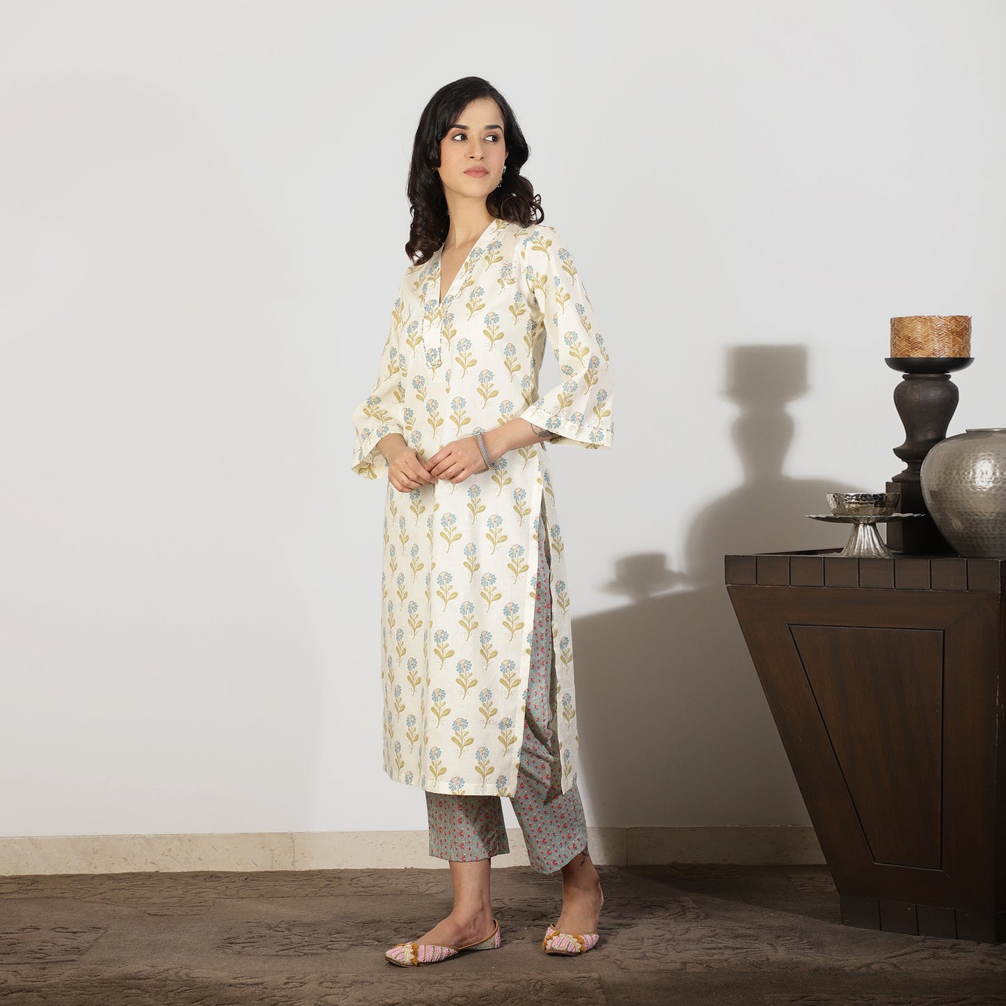 Cream Cotton Kurta with Sequin Details