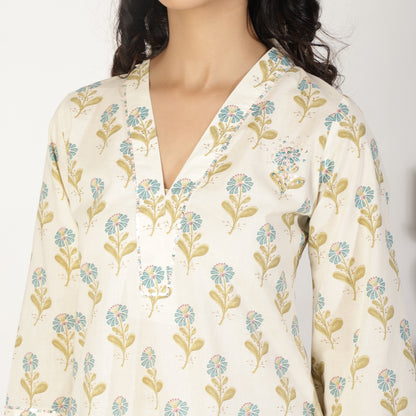 Cream Cotton Kurta set with Sequin Details
