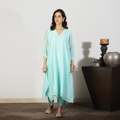 Aqua blue Chanderi kurta set with sequin detail - Spring Soul