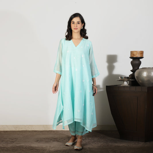 Aqua Blue Chanderi A-line Kurta set with Sequin and Threadwork embroidery