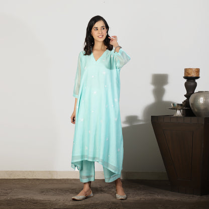 Aqua blue chanderi kurta with sequin detail - Spring Soul