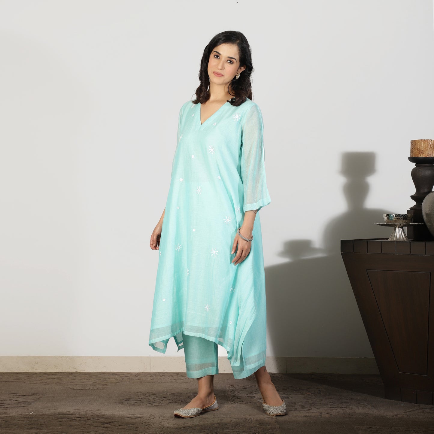 Aqua Blue Chanderi A-line Kurta with Sequin and Threadwork embroidery