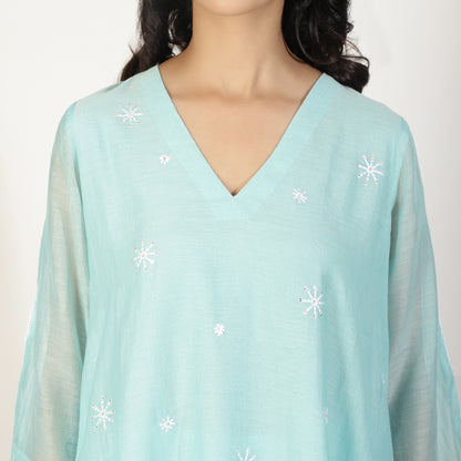 Aqua Blue Chanderi A-line Kurta set with Sequin and Threadwork embroidery