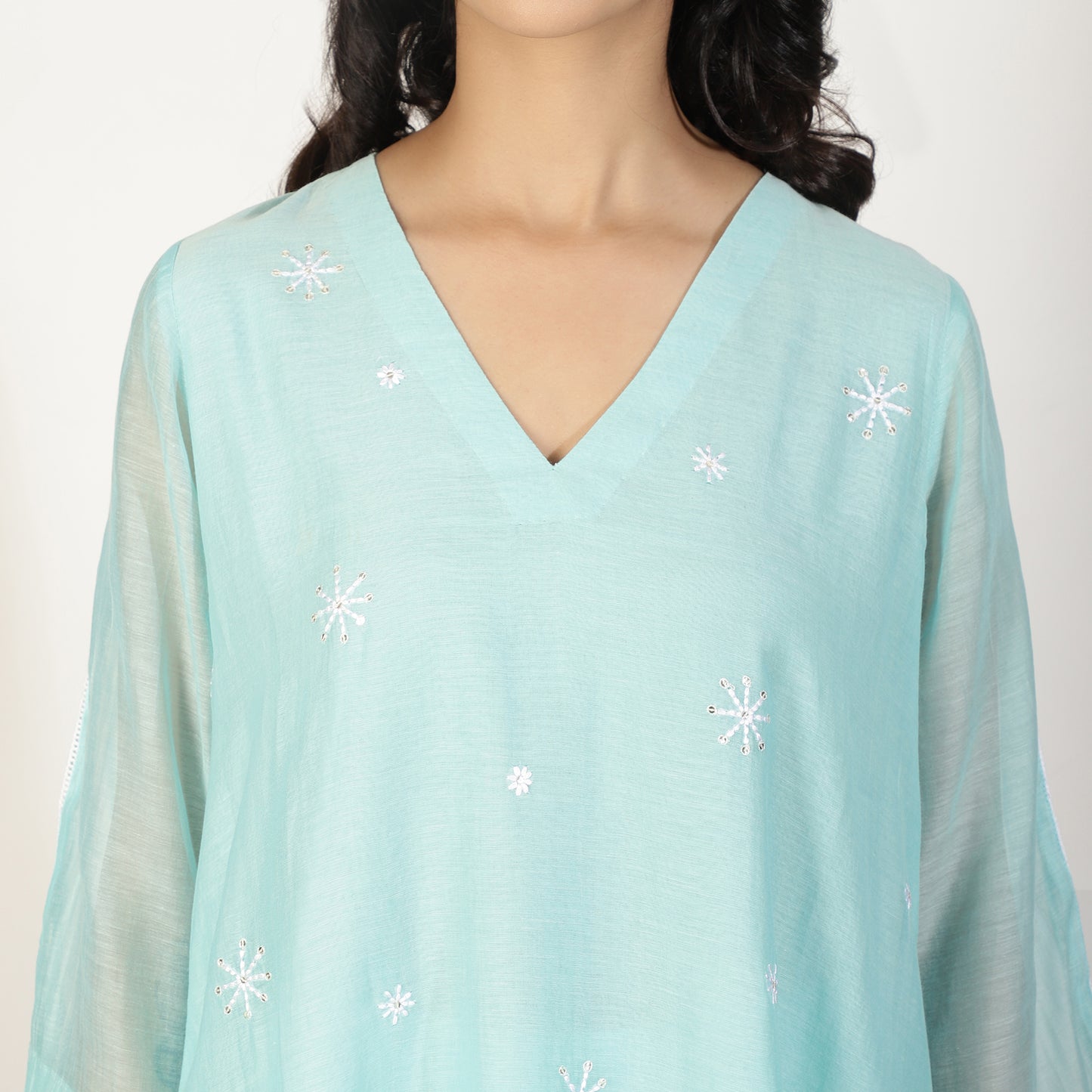 Aqua Blue Chanderi A-line Kurta with Sequin and Threadwork embroidery