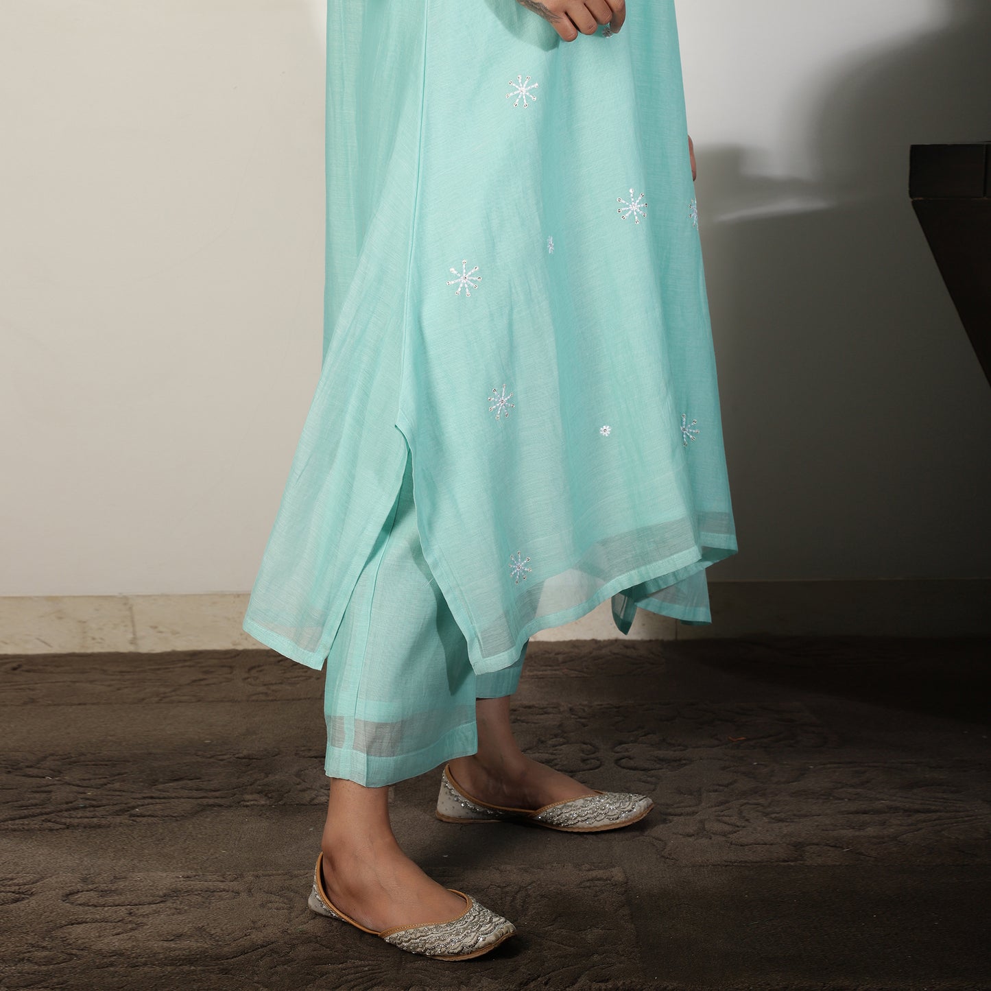 Aqua Blue Chanderi A-line Kurta set with Sequin and Threadwork embroidery