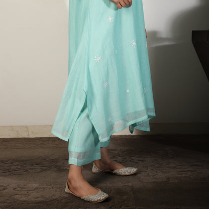 Aqua Blue Chanderi A-line Kurta with Sequin and Threadwork embroidery