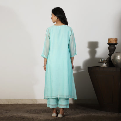 Aqua Blue Chanderi A-line Kurta set with Sequin and Threadwork embroidery