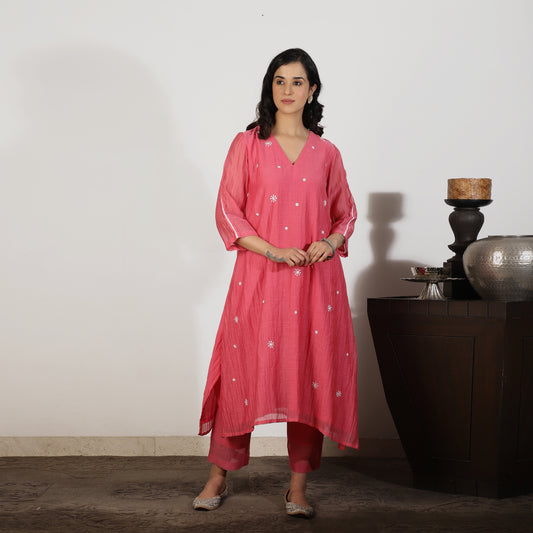 Coral Chanderi A-line Kurta set with Sequin and Threadwork embroidery