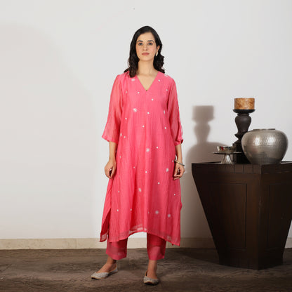 Coral Chanderi kurta set with sequin detail - Spring Soul