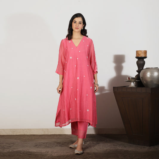 Coral Chanderi A-line Kurta with Sequin and Threadwork embroidery