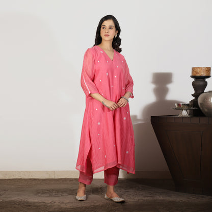 Coral Chanderi A-line Kurta with Sequin and Threadwork embroidery