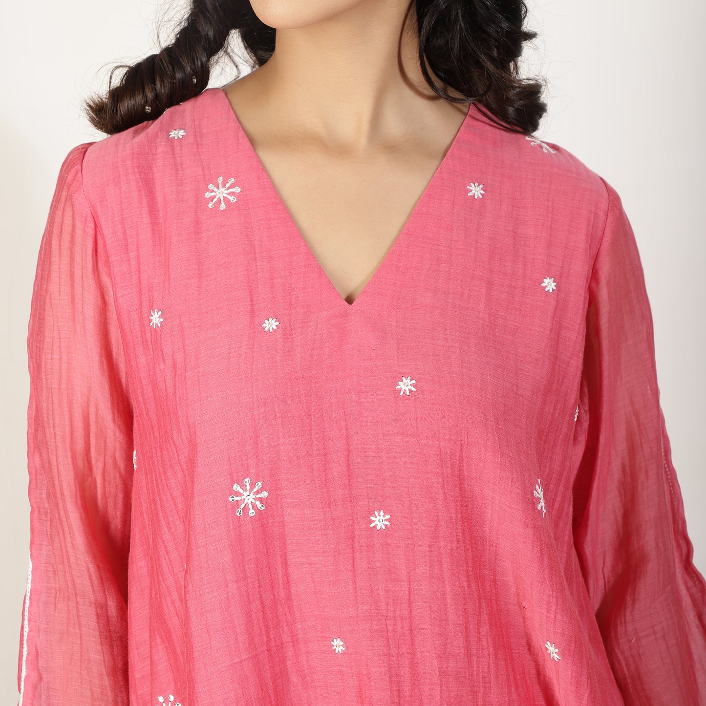 Coral Chanderi A-line Kurta set with Sequin and Threadwork embroidery