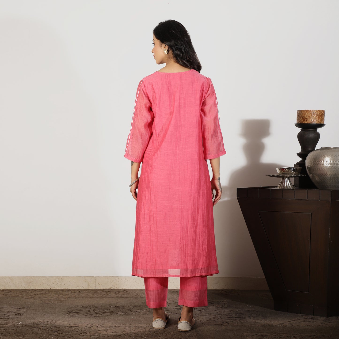 Coral Chanderi A-line Kurta with Sequin and Threadwork embroidery