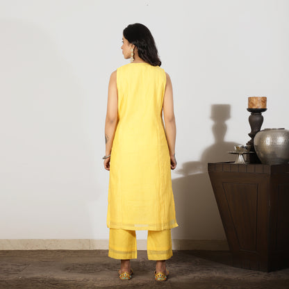 Yellow Chanderi Kurta set with Mirrorwork