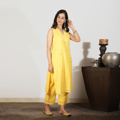 Yellow Chanderi mirrorwork suit set - Spring Soul