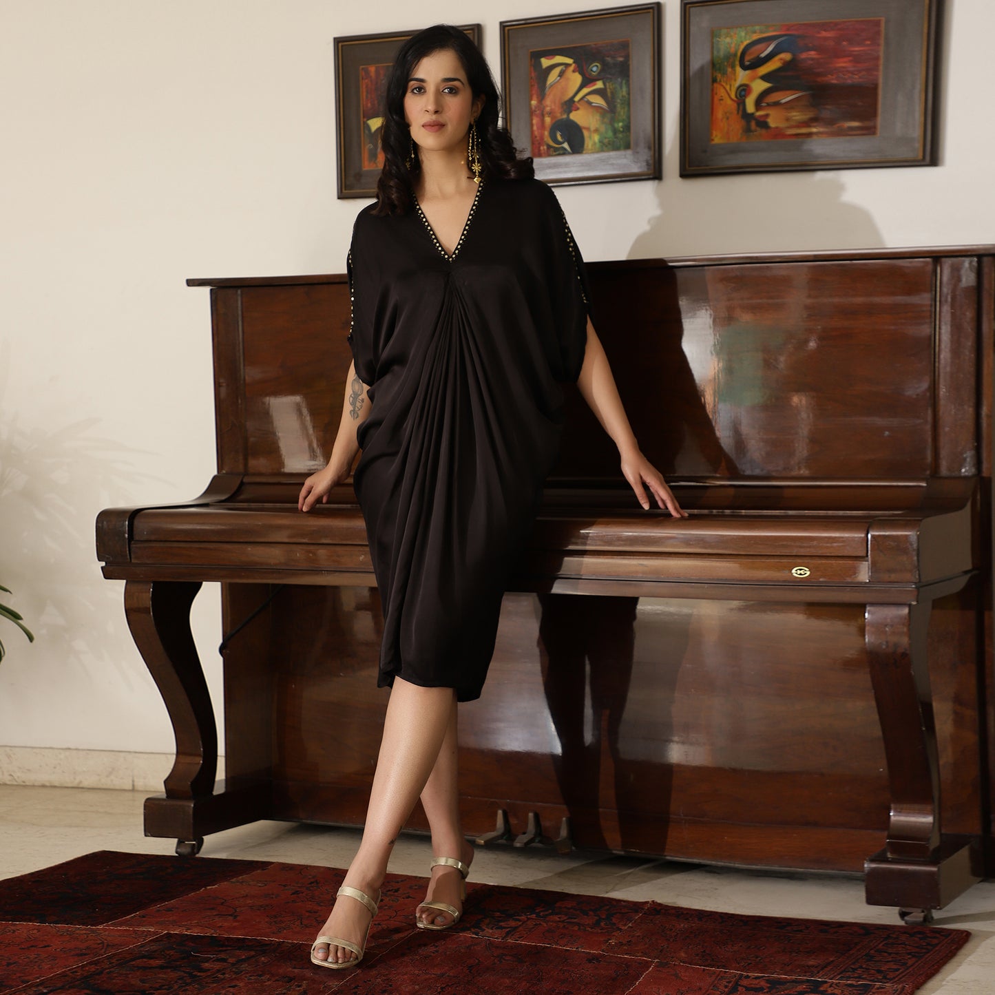 Black Modal Cowl Dress with Sequin Highlight