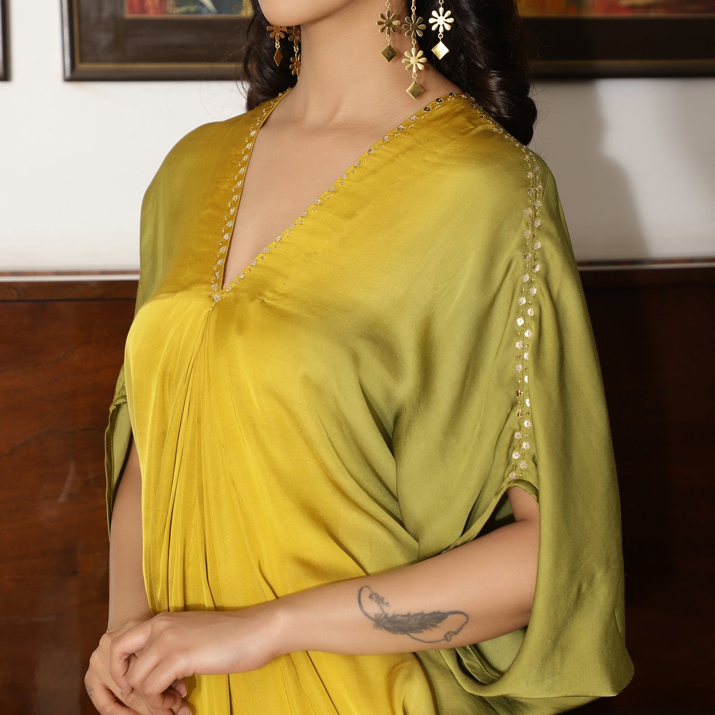Yellow Green Ombre Cowl Dress with Sequin Highlight