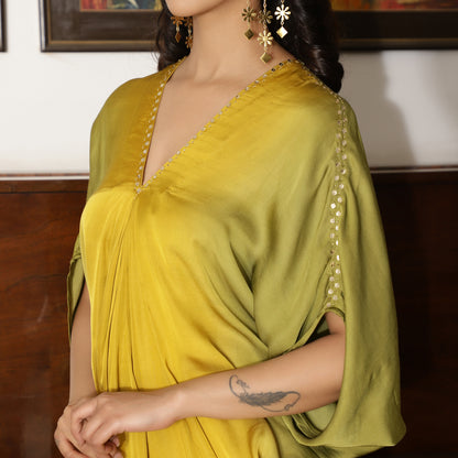 Yellow Green Ombre Cowl Dress with Sequin Highlight