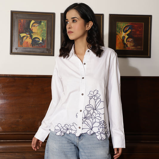 White Poplin Shirt With Blue Floral Threadwork