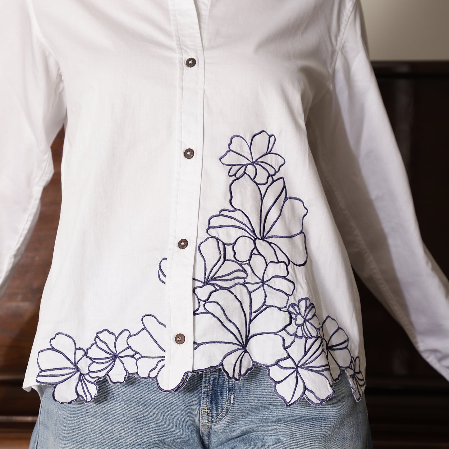 White Poplin Shirt With Blue Floral Threadwork