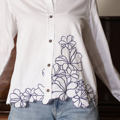 White Poplin Shirt With Blue Floral Threadwork