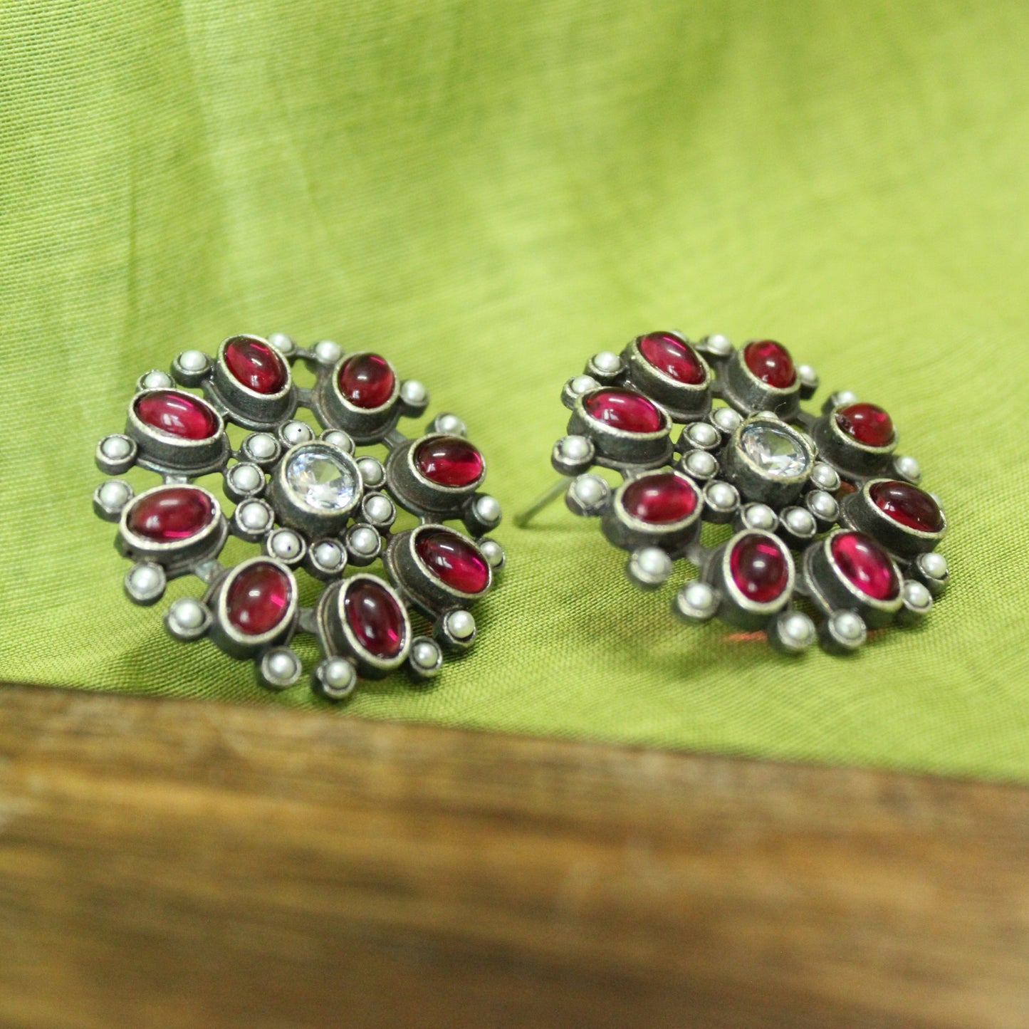 Crimson Silver Flower Studs