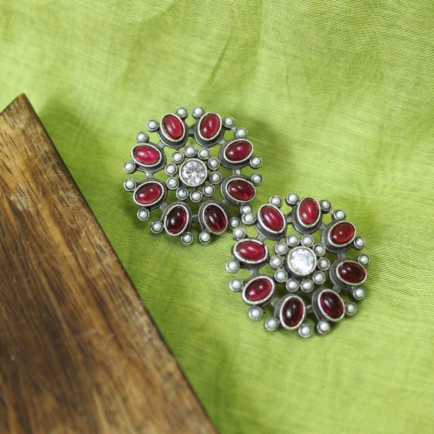Crimson Silver Flower Studs