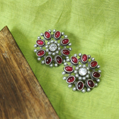 Crimson Silver Flower Studs