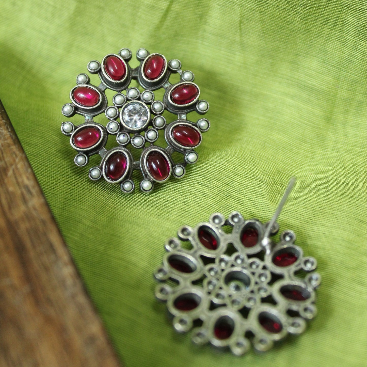 Crimson Silver Flower Studs