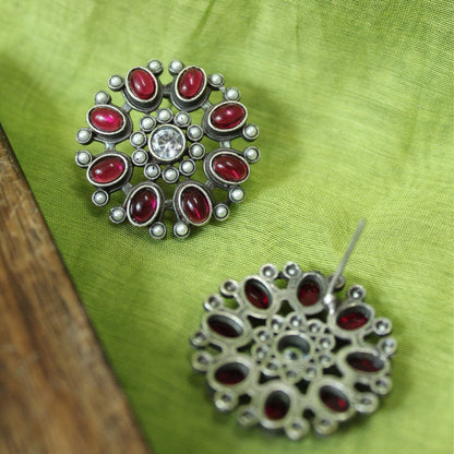 Crimson Silver Flower Studs