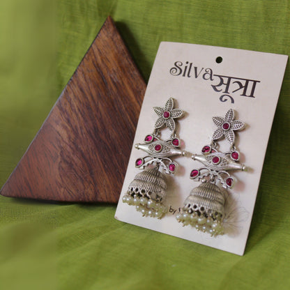 Silver Floral Jhumka Pearls