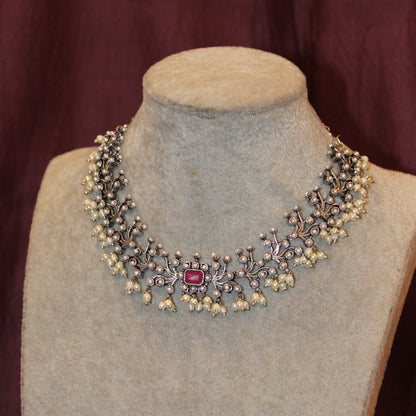 Ruby Stone Silver Necklace Set