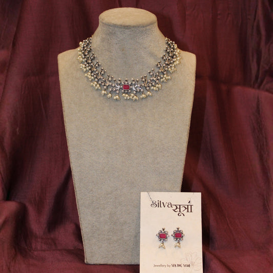 Ruby Stone Silver Necklace Set