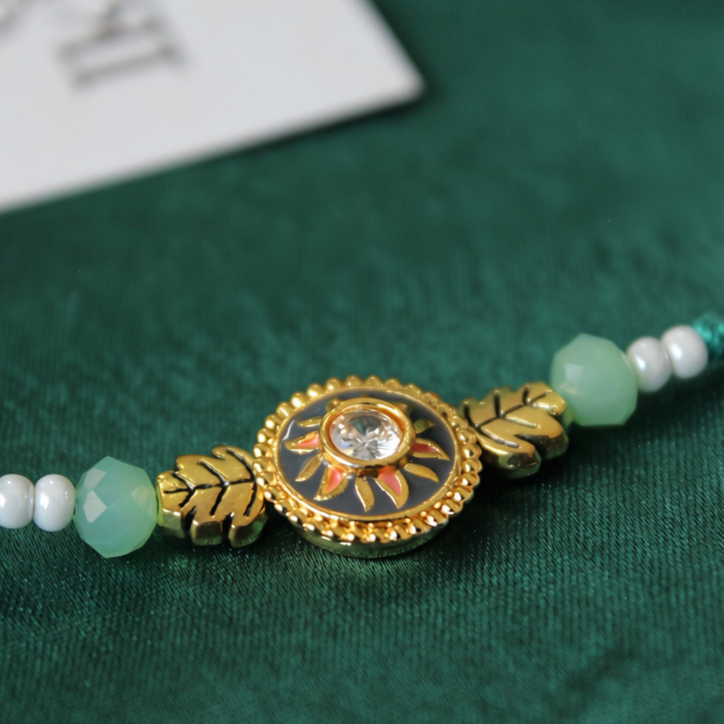 Green Beaded Leaf Charm Designer Rakhi