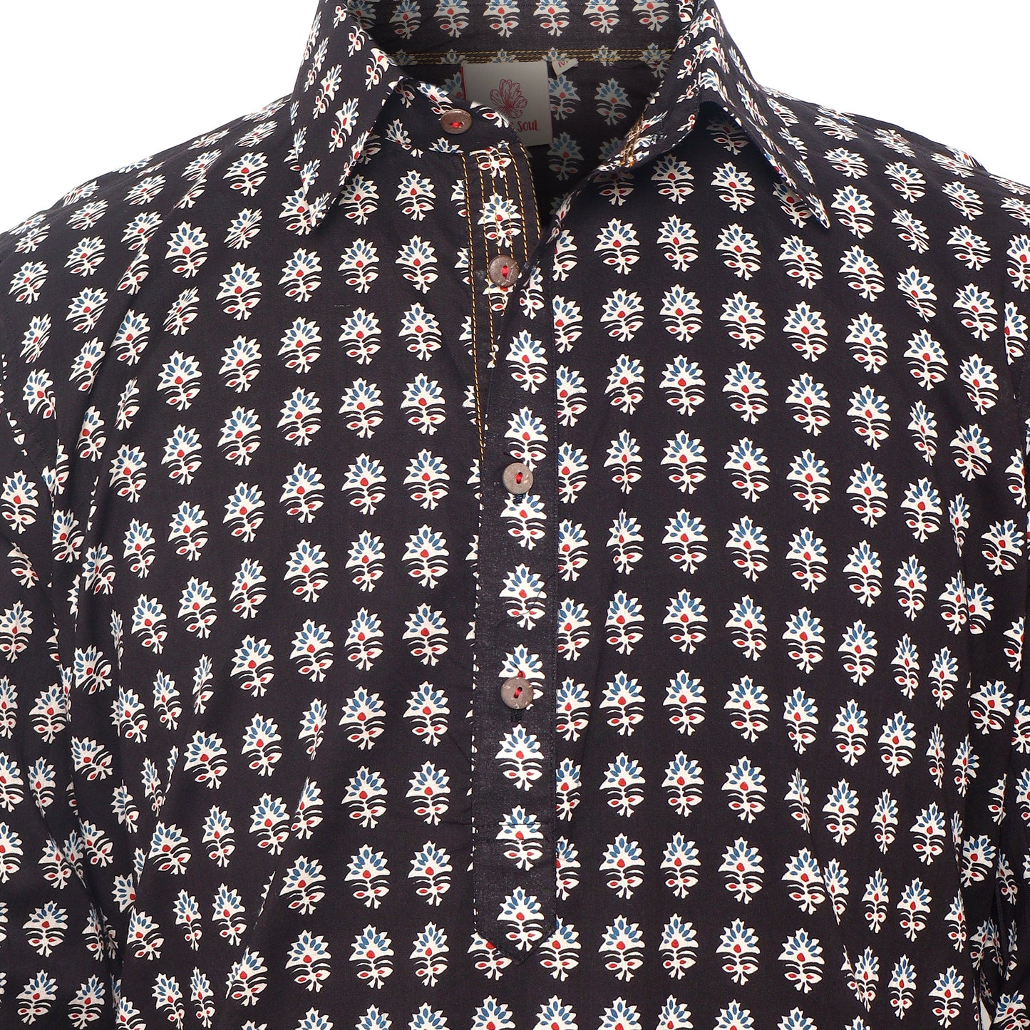 black men's block printed shirt collar cotton kurta