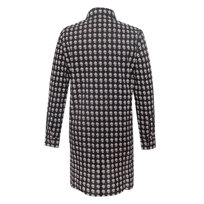 black men's block printed shirt collar cotton kurta