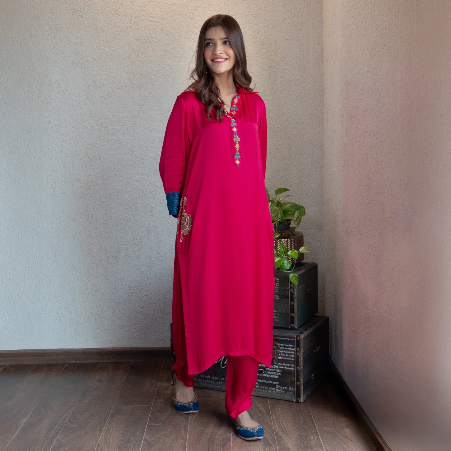 Fuchsia Modal Hand Embroidered Collar Suit set