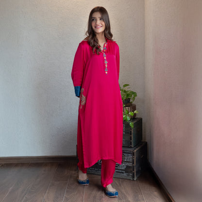 Fuchsia Modal Hand Embroidered Collar Suit set