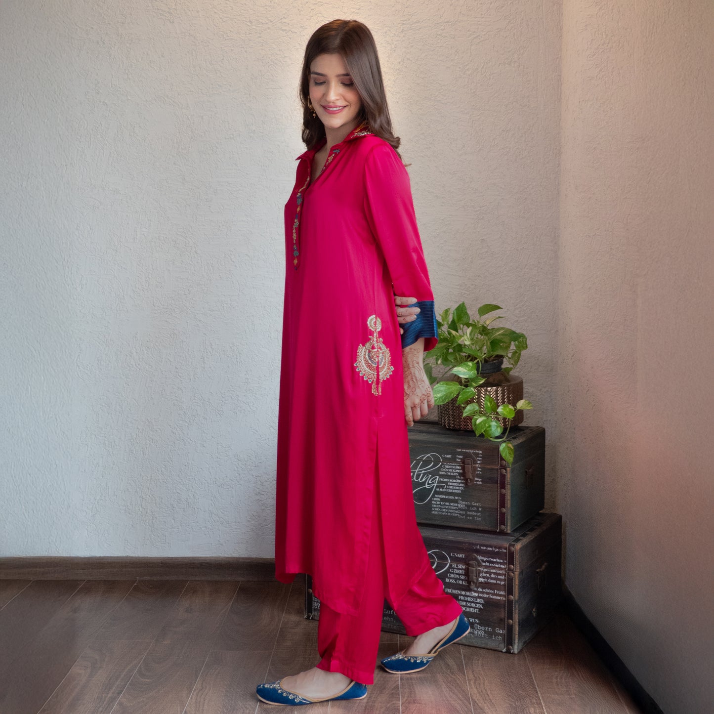 Fuchsia Modal Hand Embroidered Collar Suit set