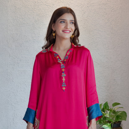 Fuchsia Modal Hand Embroidered Collar Suit set