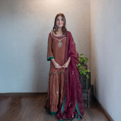 Wine Tissue chanderi sharara set with Dupatta