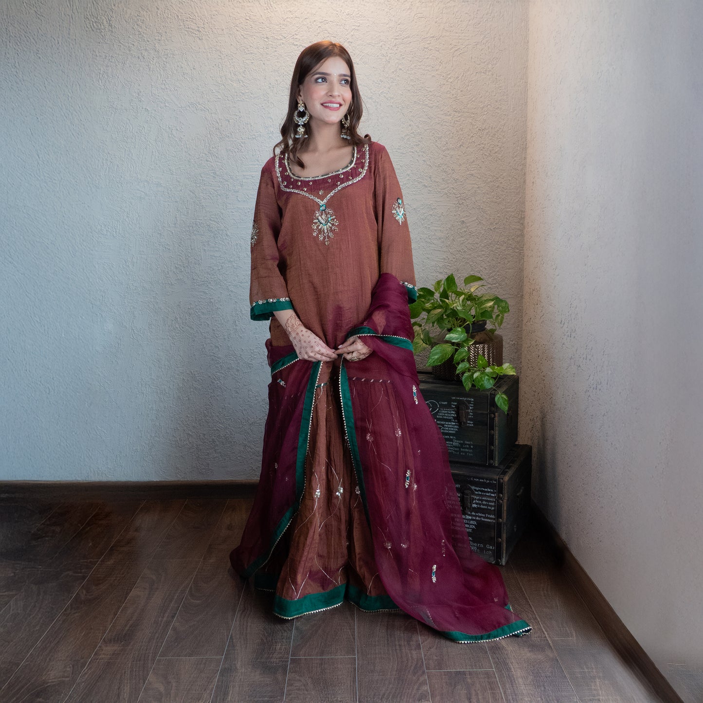 Wine Tissue chanderi sharara set with Dupatta